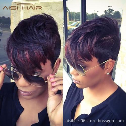 Aisi Hair Most Popular Short Straight Wig Natural Black Wigs with Red Bang Synthetic Pixie Cut Wig for Women